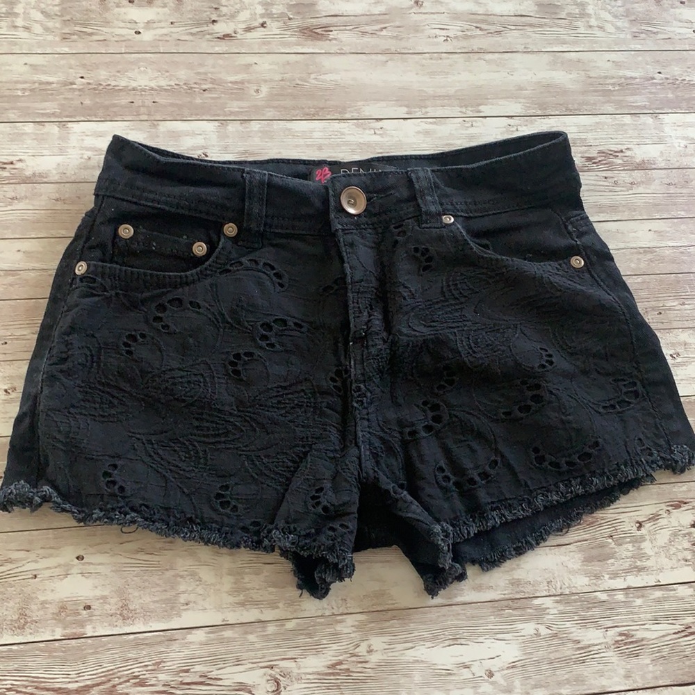 2B Bebe Black Eyelet Lace Overlay Distressed Jean Shorts